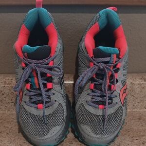 Saucony Gray Trail Shoes with Teal and Coral Details
